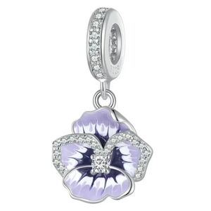 925 Sterling Silver Purple Pansy Flower Dangle Charm